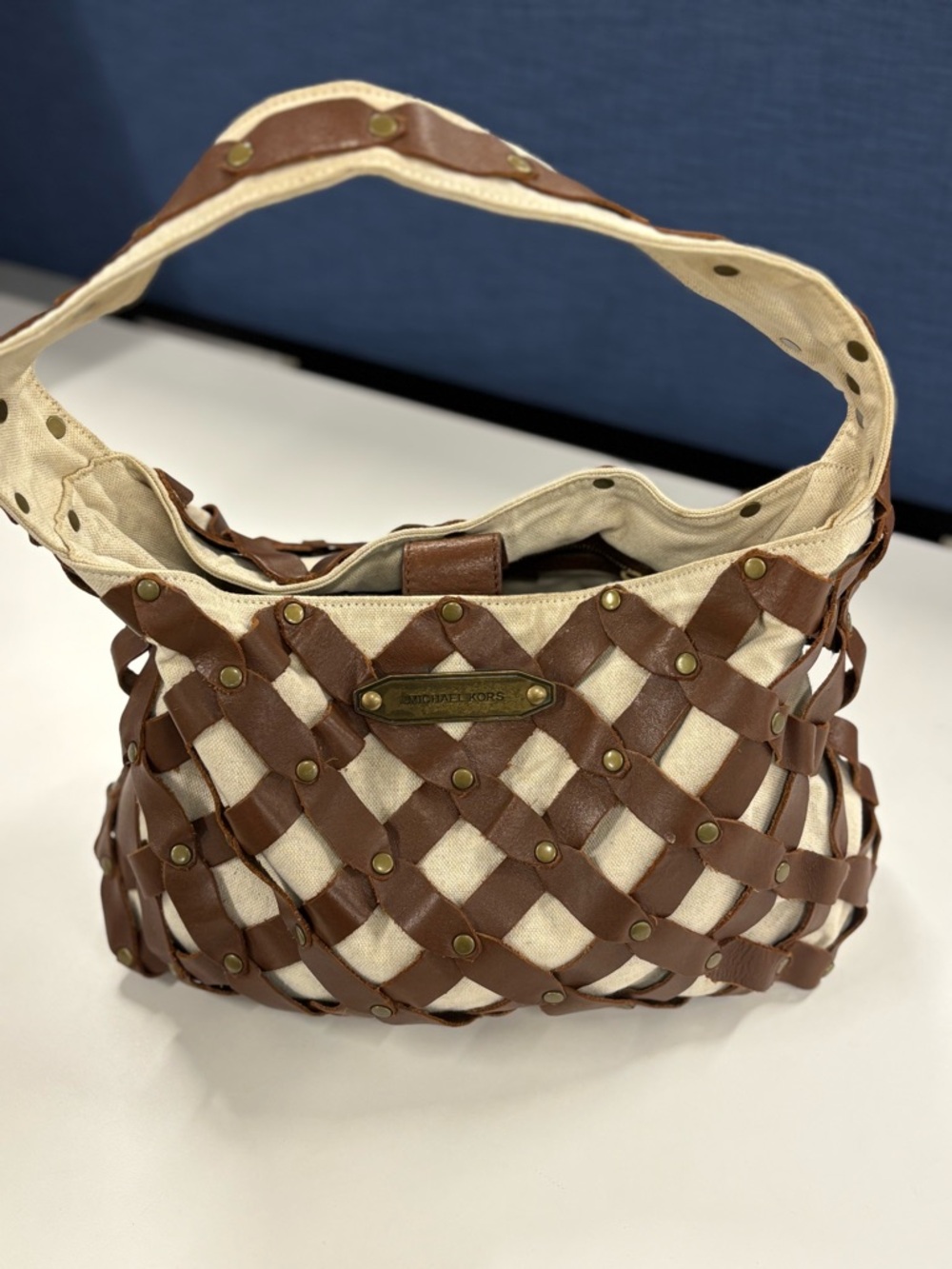 Michael Kors Brown Leather-Trim Cream Canvas Woven Shoulder Bag